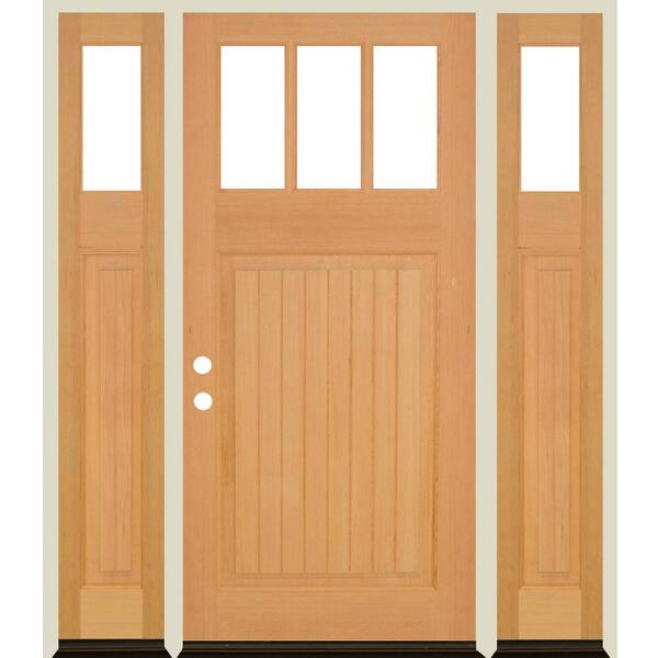 Krosswood Doors 64 in. x 80 in. Craftsman 3-Lite Clear Glass VG Clear Stain Right Hand Hemlock Wood Prehung Front Door w/DSL