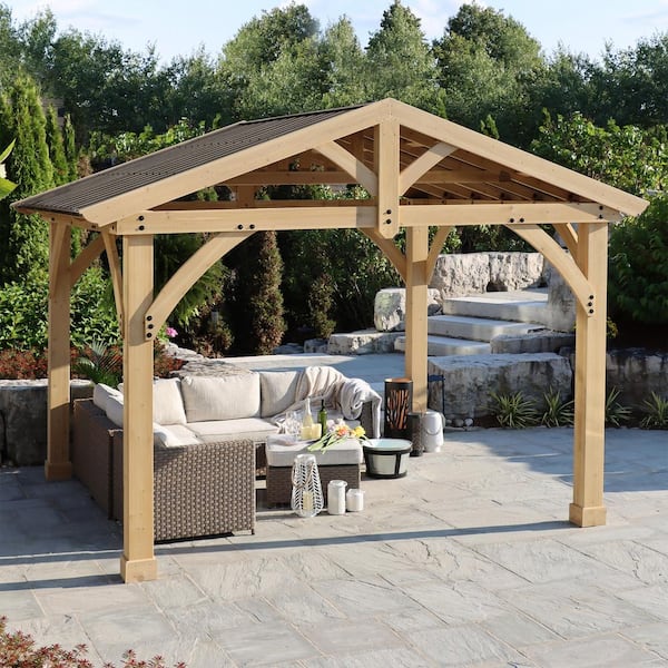 Carolina 11 ft. x 13 ft. Premium Outdoor Cedar Backyard Patio Shade Pavilion with Brown Aluminum Gazebo Style Roof