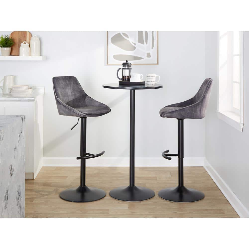 Gray Velvet Adjustable Swivel Barstools with Black Metal Base, Set of 2