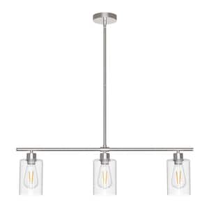 3-Light Chrome Industrial Modern Linear Kitchen Island Pendant with Clear Glass Shades for Dining Table