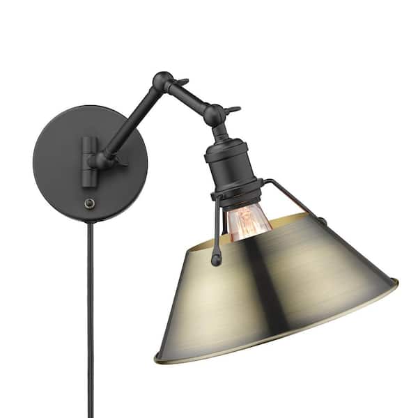Golden Lighting Orwell 10 in. 1-Light Matte Black and Aged Brass Plug-In or Hardwired Swing Arm with 120 in. Cord for Bedroom and Foyer
