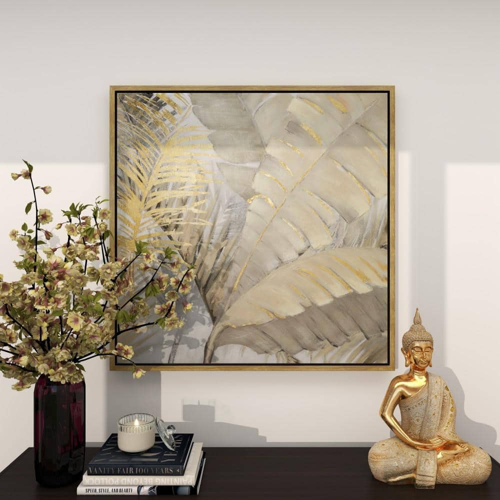 Gold and Gray Palm Leaf Framed Canvas Wall Art, 40" x 40"