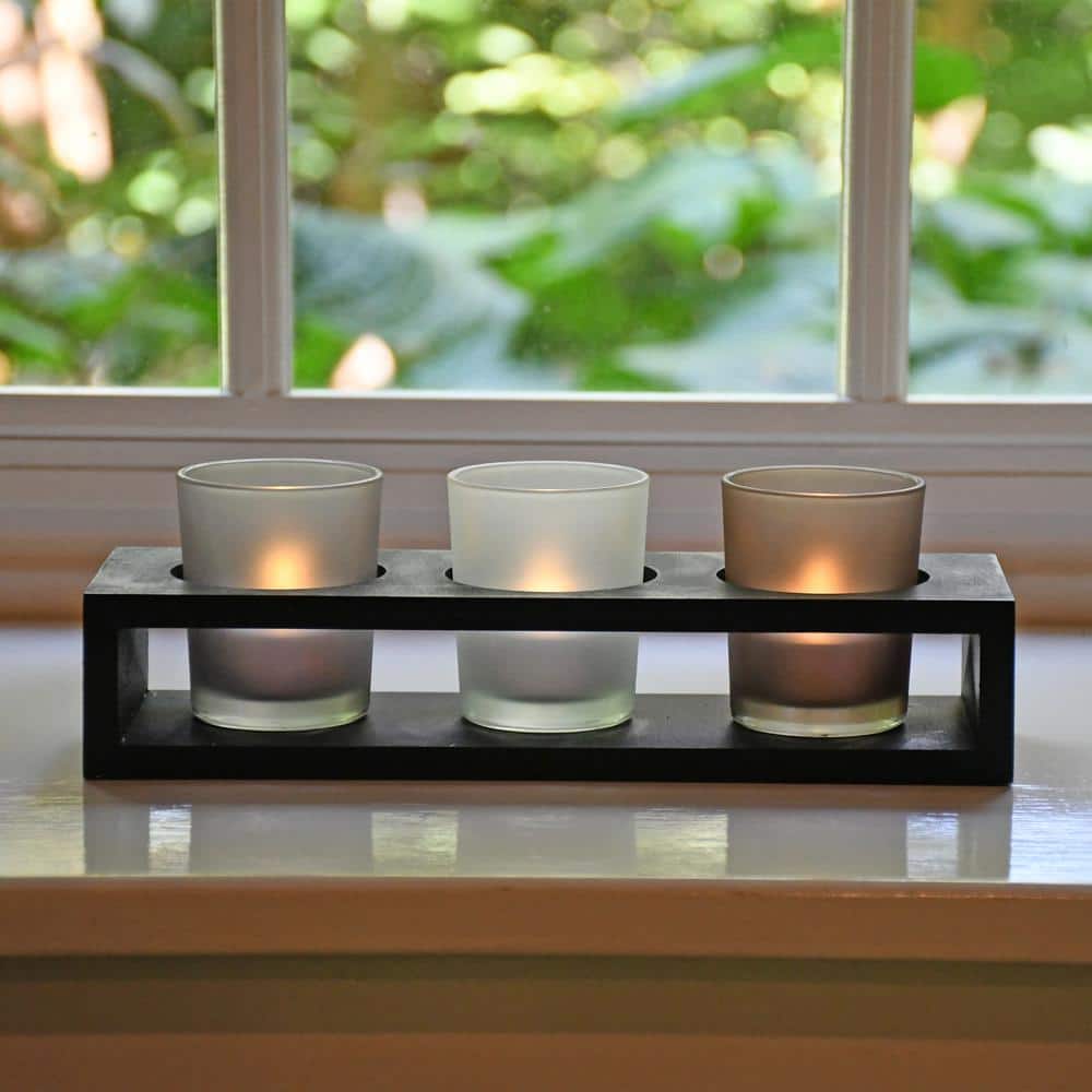Contemporary Warm Black Wooden Tray with 3 Frosted Glass Candleholders