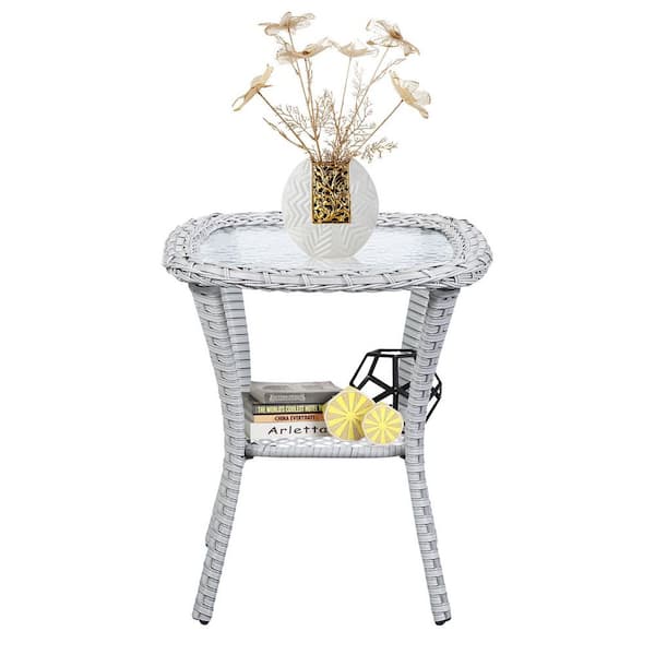 Arcline Light Beige Square Wicker Outdoor Side Table with Tempered Glass Top Porch PE Rattan End Table for Garden