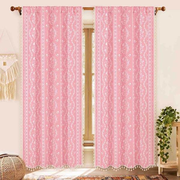 Pink Floral Linen Blend 52 in. W x 84 in. L Back Tab Light Filtering Curtain (Set of 2)