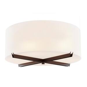 Acryluxe Crossbar 24 in.6-Light Dark Bronze Close-to-Ceiling Drum Flush Mount with Opal Acrylic Shade