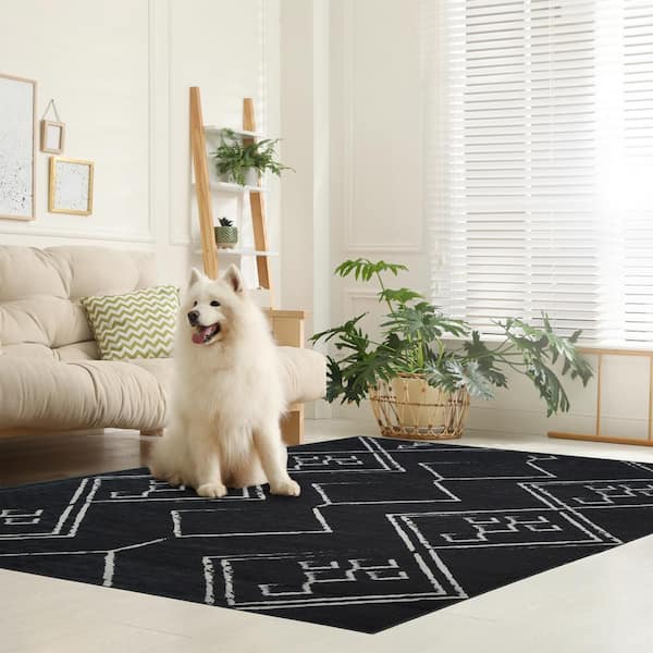Aspen Black Creme 10 ft. x 14 ft. Machine Washable Tribal Moroccan Bohemian Polyester Non-Slip Backing Area Rug