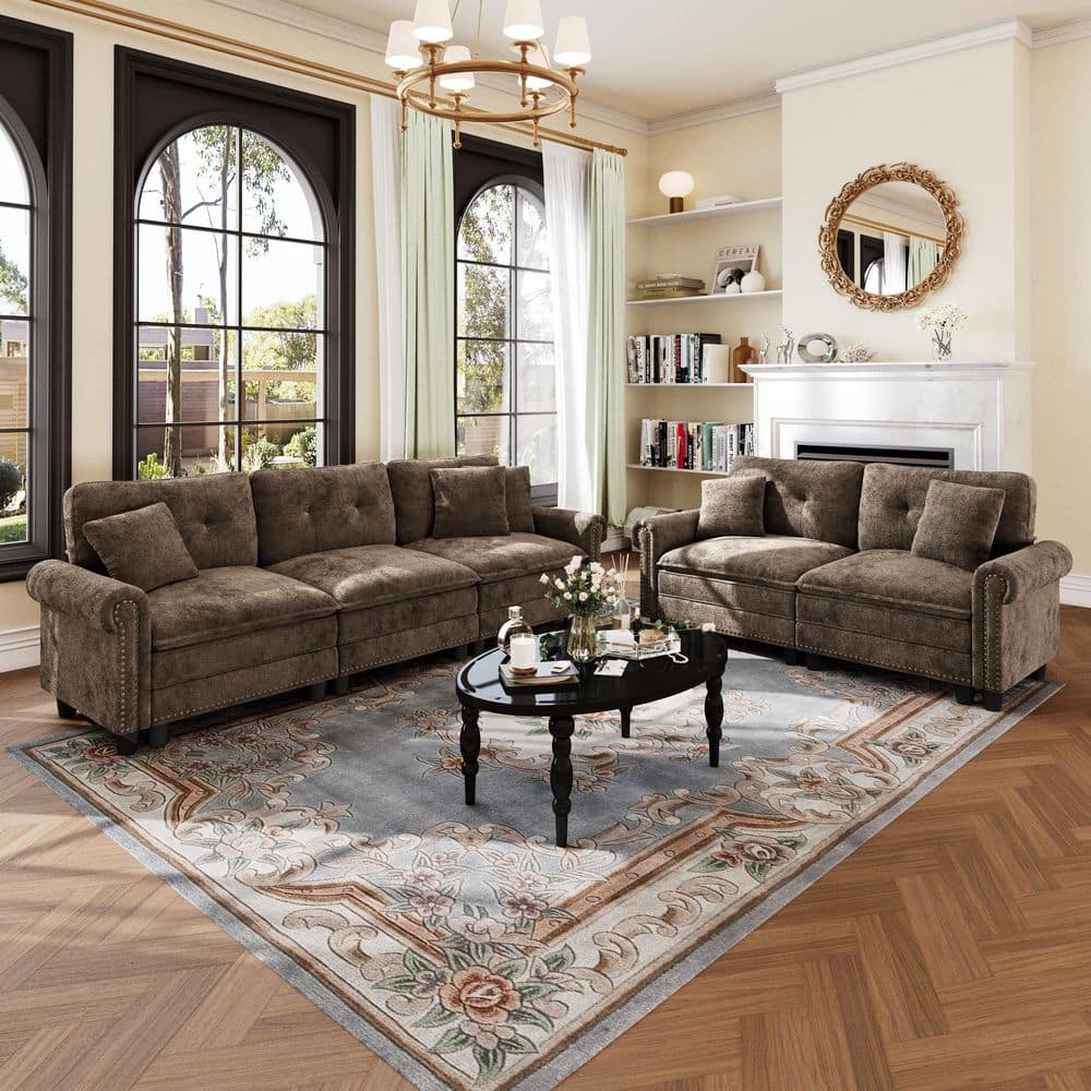 113.8 in. Roll Arm 5-Seat Chenille Fabric Modular Sectional Sofa in. Brown with Throw Pillows