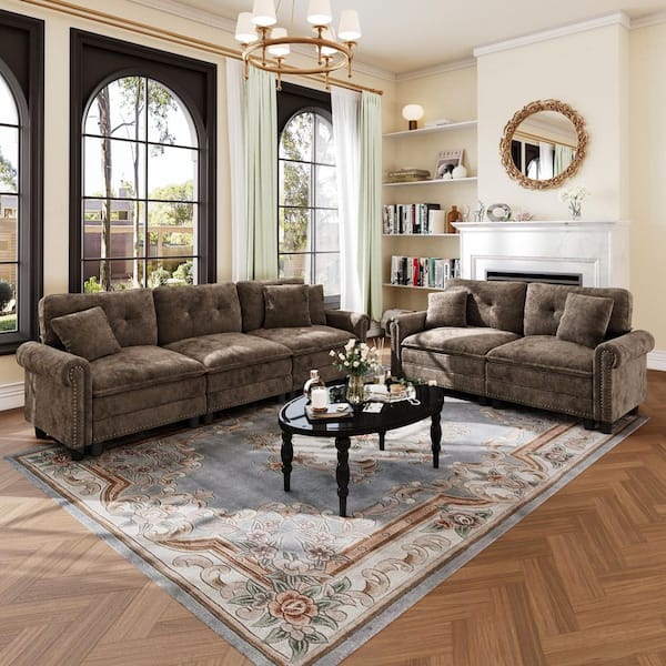 113.8 in. Roll Arm 5-Seat Chenille Fabric Modular Sectional Sofa in. Brown with Throw Pillows