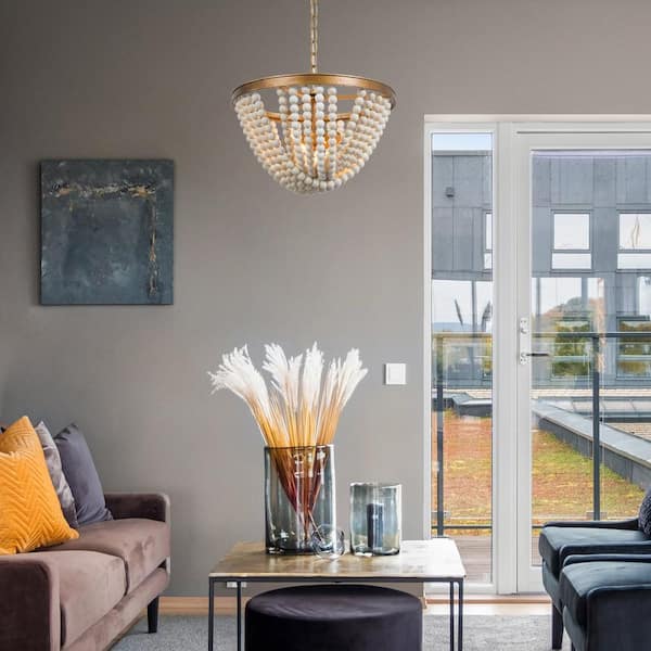 Modern Farmhouse Chandelier Light, Boho 3-Light Antique Gold Island Chandelier Light with White Wood Beads