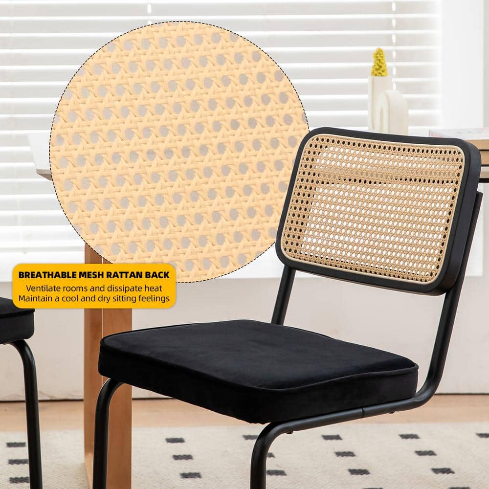 Black Rattan and Velvet Armless Dining Chairs, Set of 2