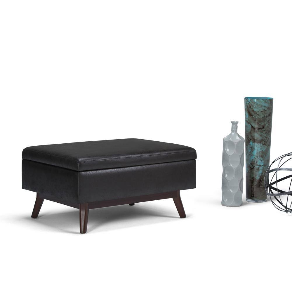 Mid-Century Modern Distressed Black Wood Rectangular Storage Ottoman