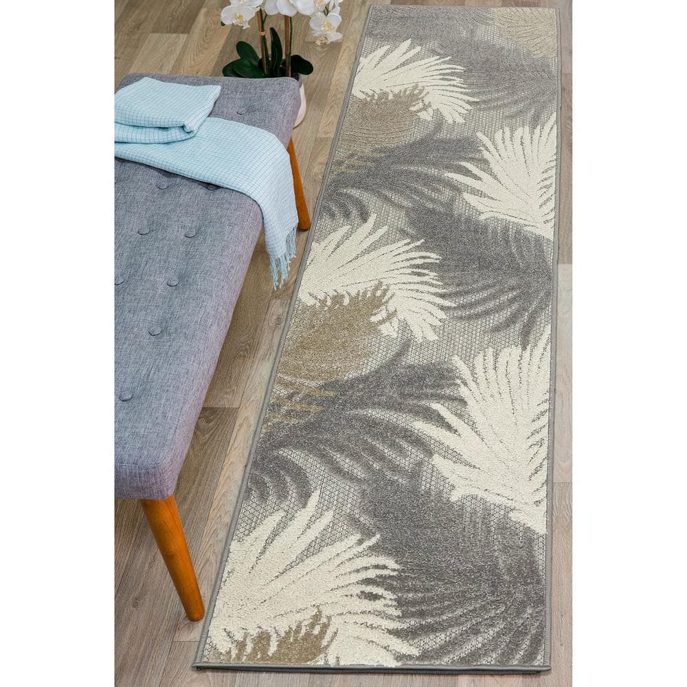 Tropical Floral Gray Synthetic 2'x7' Indoor/Outdoor Runner Rug