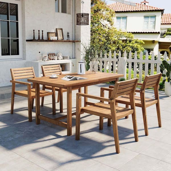 acacia wood outdoor dining table patio with umbrella hole Brown 5-Piece Acacia Wood Outdoor Dining Set With an Rectangular Table and Umbrella  Hole for Lawn, Backyard, Garden Deck YK-080