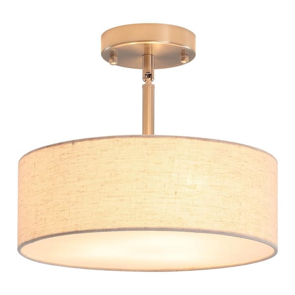 12.6 in. 3-Light Sliver Nickel Round Drum Semi-Flush Mount with Burlap and No Bulbs Included Foyer Dinner Room
