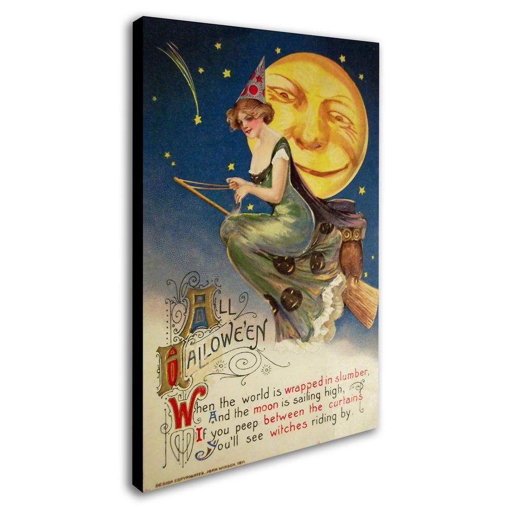 Vintage Halloween Witch Greendress Moon Canvas Art with Floater Frame