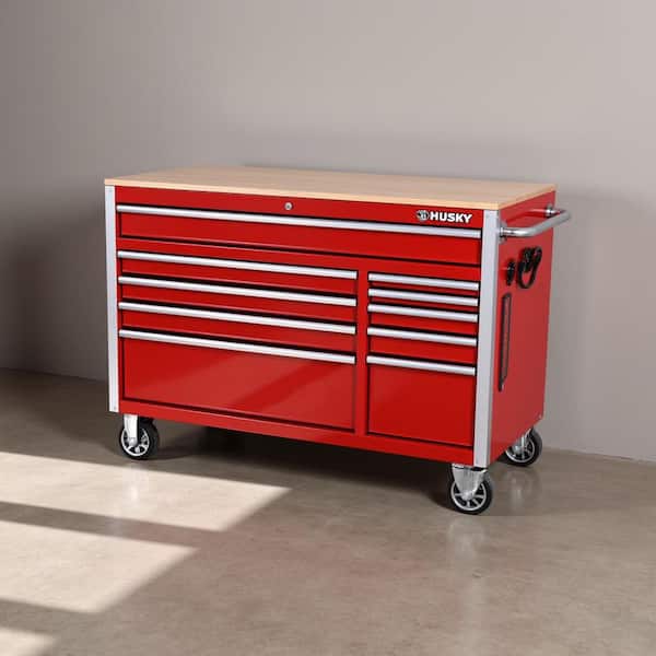 Tool Storage 52 in. W x 25 in. D 10-Drawer Standard Duty Gloss Red Mobile Workbench Tool Chest