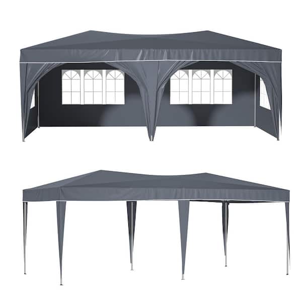 Otryad 10 ft. x 20 ft. Gray Pop Up Canopy, Outdoor Party Tent Adjustable Height with 6-Sidewalls, 6-Sand Bags and Carry Bag