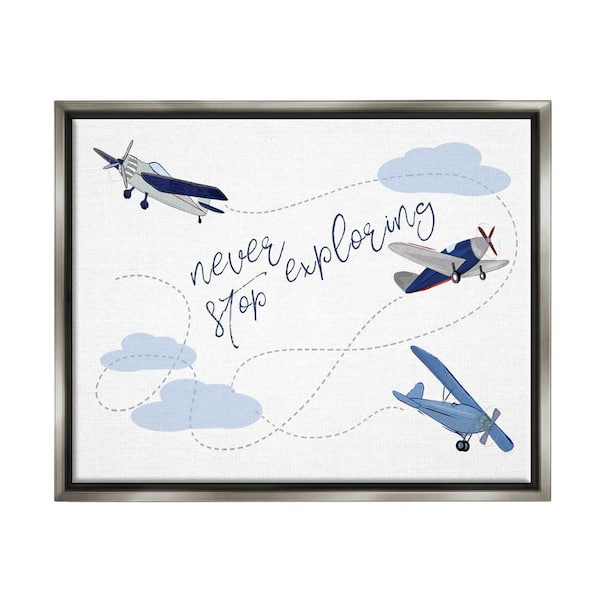 The Stupell Home Decor Collection Never Stop Exploring Airplanes by Sweet Pea Studio Floater Frame Travel Wall Art Print 21 in. x 17 in.