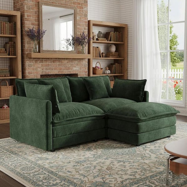 Heat 76.7 in. Track Arm Modular Chenille Sectional Sofa with 1 Ottoman and Deep Seat Cushions, in Forest Green