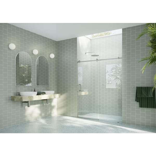 Glass Warehouse 64 in. W x 78 in. H Sliding Frameless Shower Door with Square Hardware in Brushed Nickel