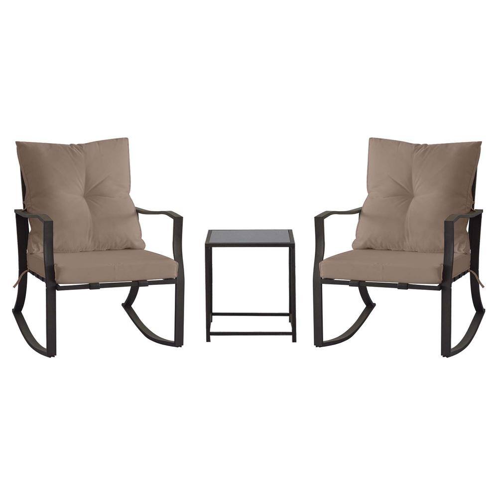 Black 3-Piece Metal Outdoor Bistro Set Patio Steel Conversation with Glass Coffee Table and Khaki Cushion for Garden price history on PriceWatchPro