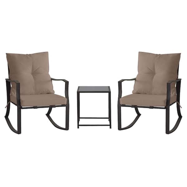 Zeus & Ruta Black 3-Piece Metal Outdoor Bistro Set Patio Steel Conversation with Glass Coffee Table and Khaki Cushion for Garden