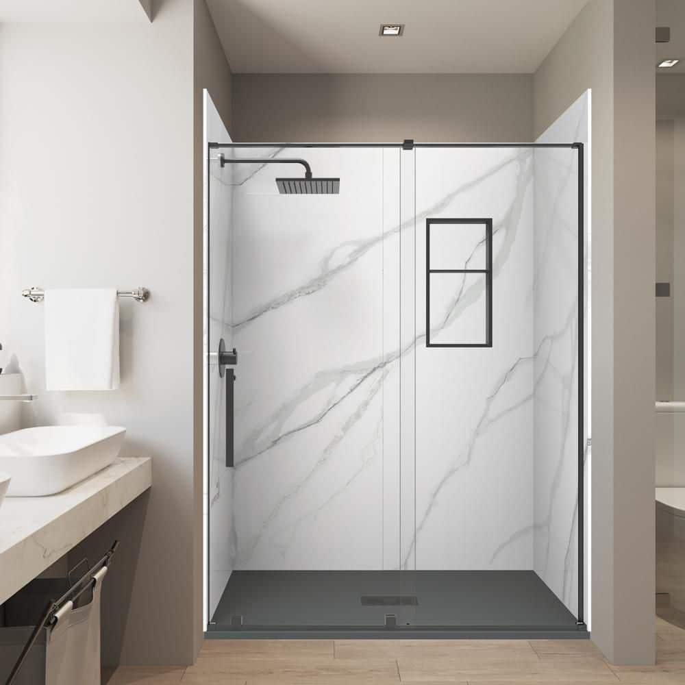 Calcutta Wh 32in. x 60in.x 84in. Combo Solid Composite Stone Alcove Shower Kit Matching Black Matte Door,Niche and Drain price history on PriceWatchPro