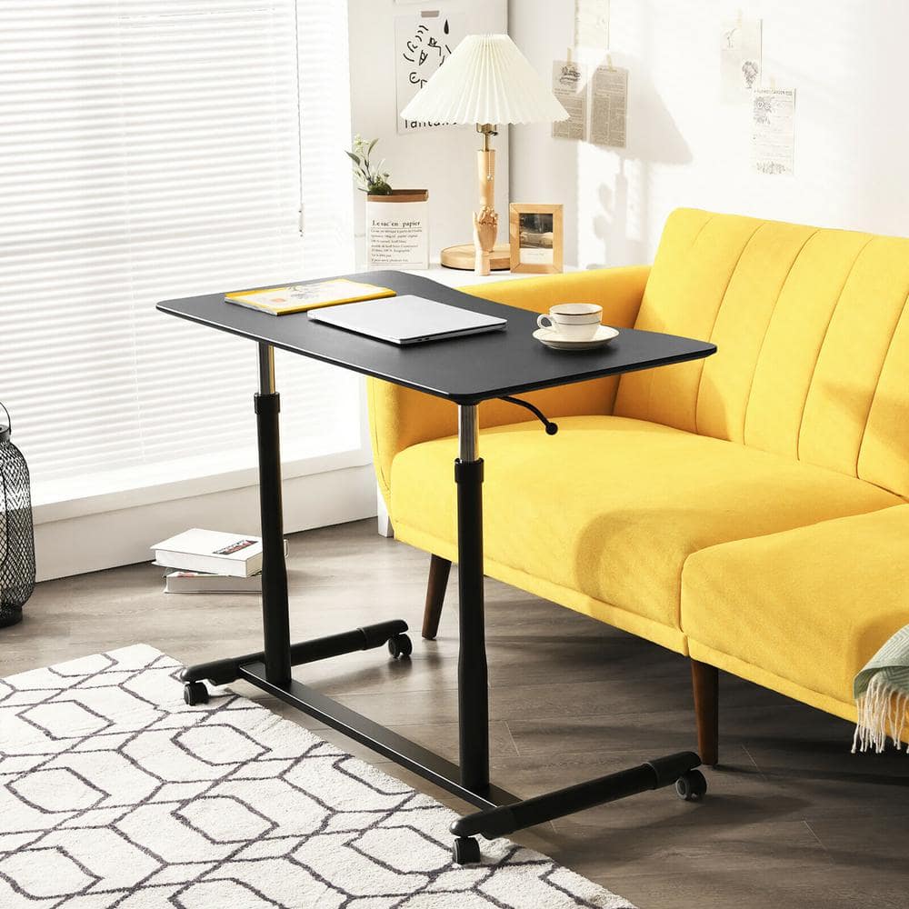 Adjustable Natural Wood and Metal U-Shaped Desk with Wheels