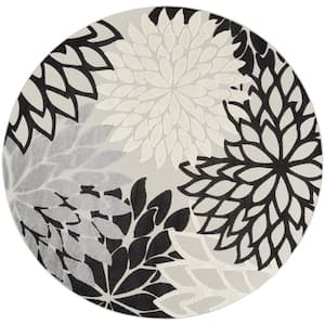 Aloha Black White 8 ft. x 8 ft. Round Floral Contemporary Indoor/Outdoor Patio Area Rug