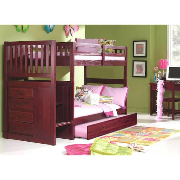 American Furniture Classics Rich Merlot Twin Over Twin Staircase Bunkbed with 4-Drawers and a Trundle