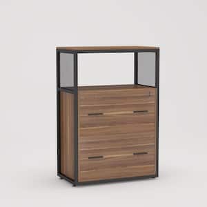 Dark Walnut and Black File Cabinet with Lockable File Drawers and Open Storage Shelf