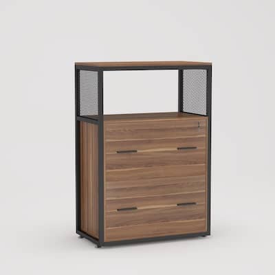Dark Walnut and Black File Cabinet with Lockable File Drawers and Open Storage Shelf