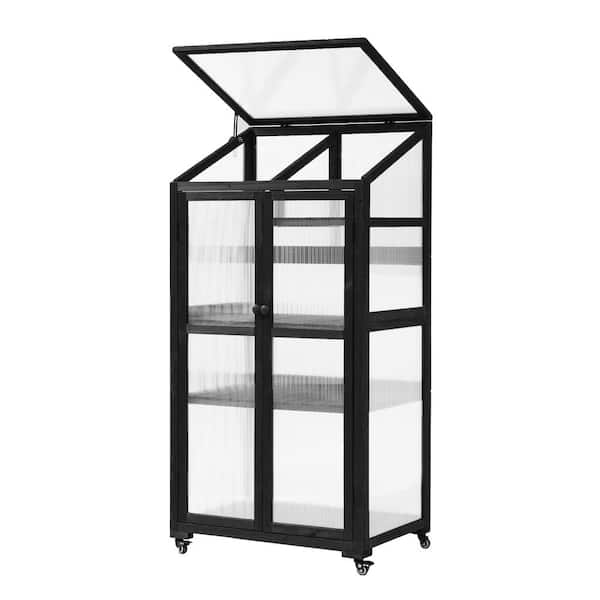 Unbranded 31.5 in. W x 22.4 in. D x 62 in. H Black Wood Large Greenhouse Balcony Portable with Wheels and Adjustable Shelves