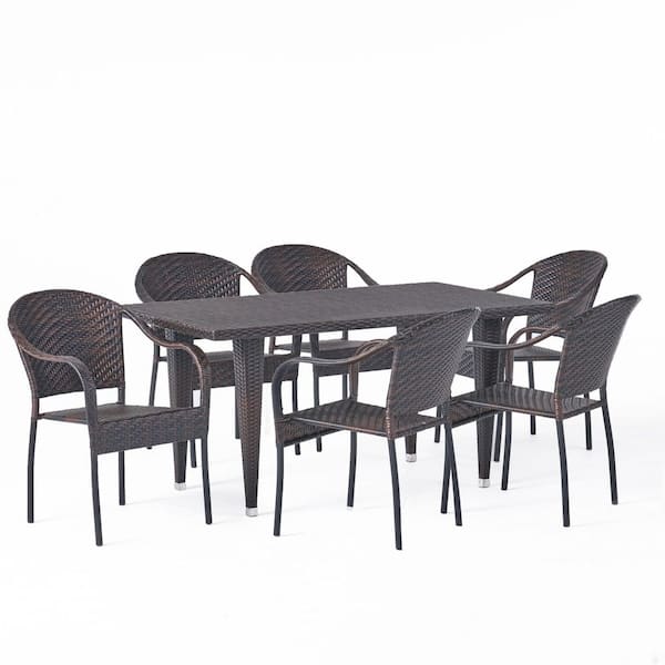 Noble House Zumba Multi-Brown 7-Piece Faux Rattan Outdoor Dining Set