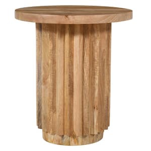 16 in. Natural Brown Round Mango Wood End Table with Handcrafted Reeded Base