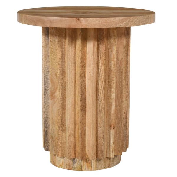 THE URBAN PORT 16 in. Natural Brown Round Mango Wood End Table with Handcrafted Reeded Base