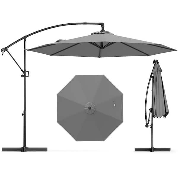 10 ft. Patio Cantilever Umbrella in Gray with Stand Outdoor Tilt Umbrella with Crossed Stand