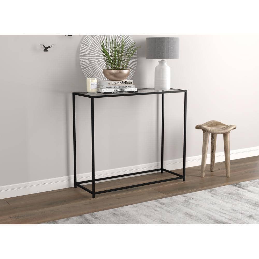 Sleek Modern Black Metal and Glass Rectangular Console Table