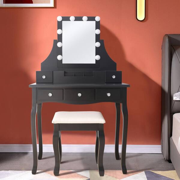 VEIKOUS Modern Black Wooden Makeup Vanity Set With Rectangle LED Light Mirror and Stool
