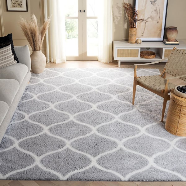 Tahoe Shag 9 ft. x 12 ft. Light Gray/White Trellis Modern Area Rug