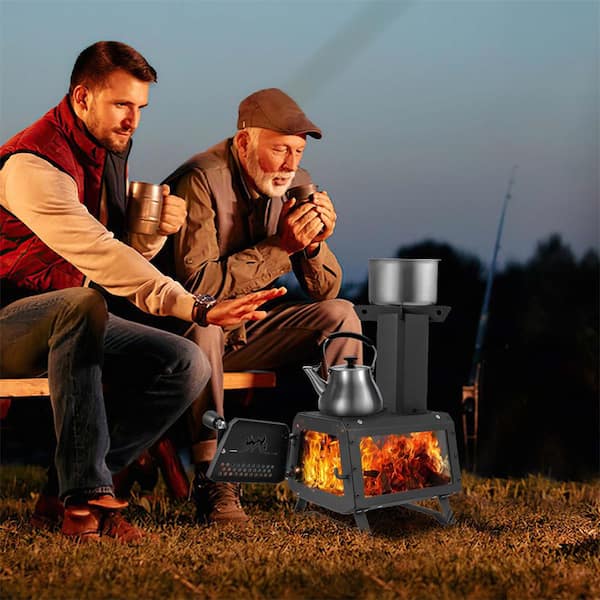 Costway Portable Wood Burning Stove Smoker in Black with 2