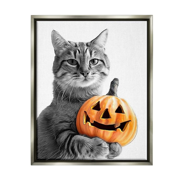 Stupell Industries Cat and Jack-o-Lantern by Annalisa Latella 1 Piece Floater Frame Graphic Print Animal Poster Art Print 21 in. x 17 in.