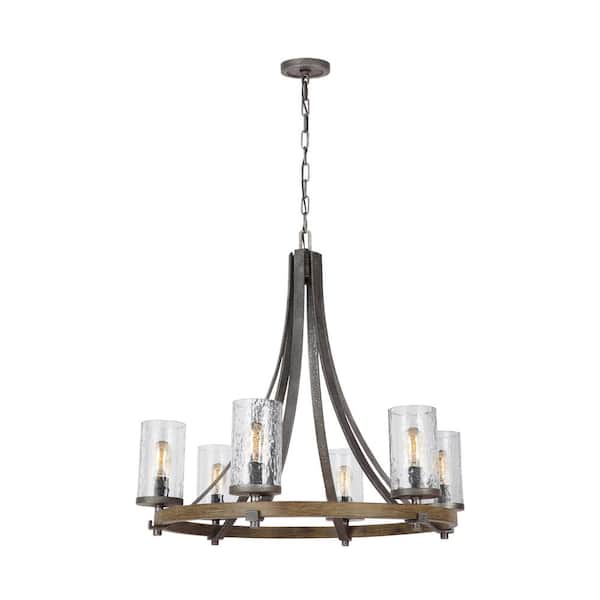 Generation Lighting Angelo 6-Light Distressed Weathered Oak / Slate Grey Metal Rustic Farmhouse Wagon Wheel Chandelier with Clear Wavy Glass