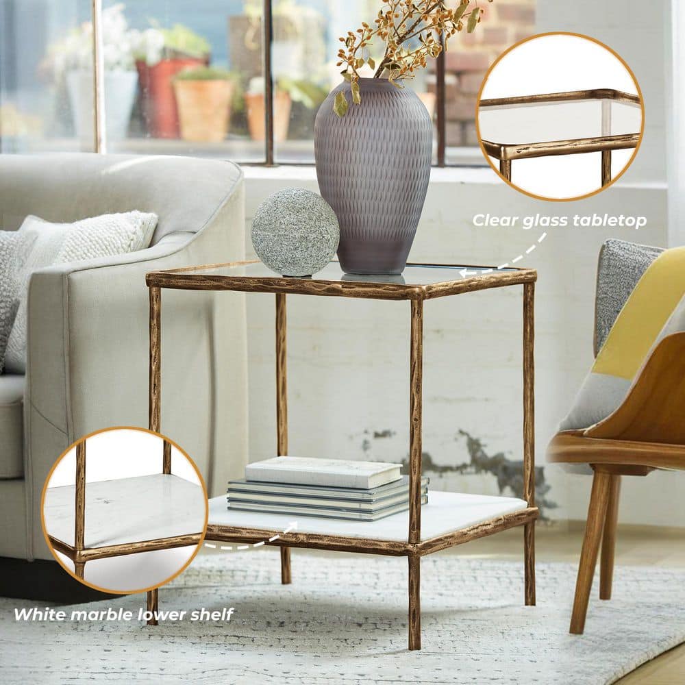 Ryandale 21" Square Antique Brass Accent Table with Glass Top