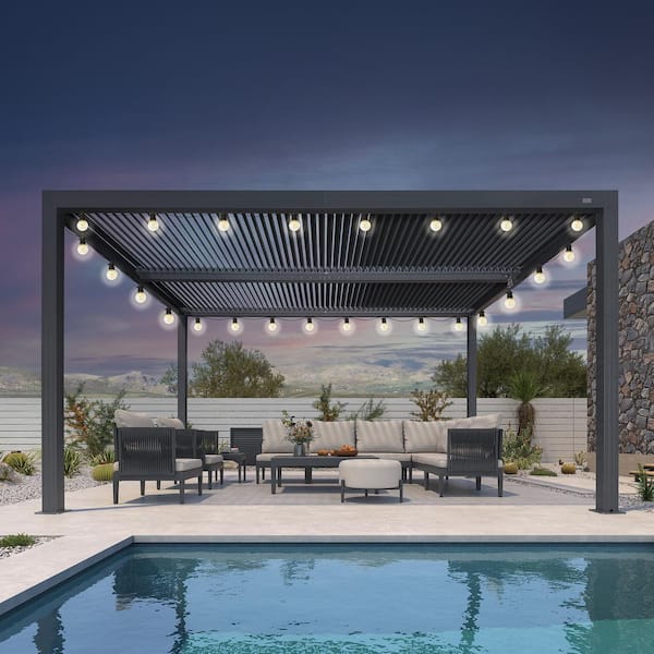 PURPLE LEAF 11 ft. x 14 ft. Gray Aluminum Frame Outdoor Louvered Pergola with Adjustable Sunshade Roof and Solar String Lights