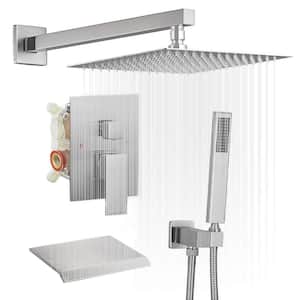 Single Handle 3-Spray Patterns Tub and Shower Faucet With 2.5 GPM 12 in. Wall Mounted in Brushed Nickel(Valve Included)