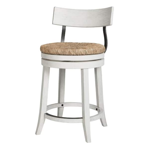 Elmlyn 26 in. H White Wood Frame Bar Stool with Natural Seagrass Seat, Swivel Counter Height Chair (1-Pack)