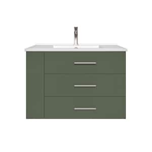 Rita 30.25 in. W Single Sink Wallmount Bath Vanity with White Ceramic Top Countertop in Forest Green w/ Left Side Shelf