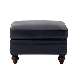 Hilario Navy 26.5 in. W Mid-century Modern Style Genuine Leather Ottoman with Wood Legs